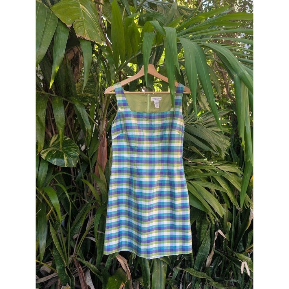 100% silk dress turquoise green purple check size 8 Plaid Twee pure and simple
